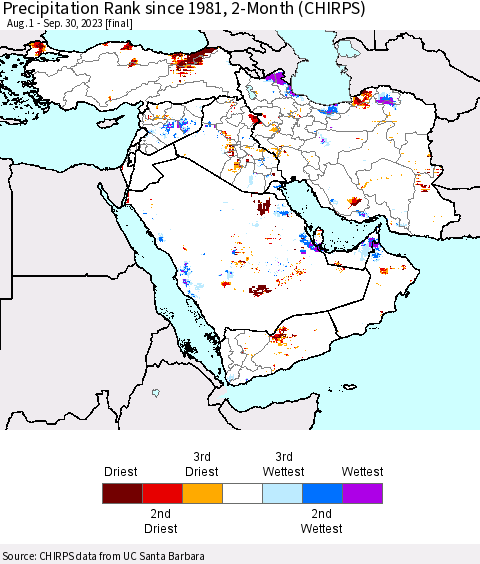 Middle East and Turkey Precipitation Rank since 1981, 2-Month (CHIRPS) Thematic Map For 8/1/2023 - 9/30/2023