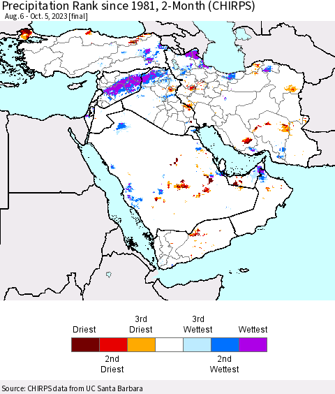 Middle East and Turkey Precipitation Rank since 1981, 2-Month (CHIRPS) Thematic Map For 8/6/2023 - 10/5/2023