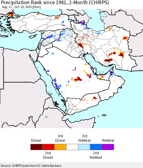 Middle East and Turkey Precipitation Rank since 1981, 2-Month (CHIRPS) Thematic Map For 8/11/2023 - 10/10/2023