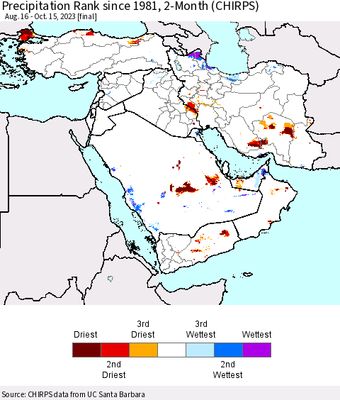 Middle East and Turkey Precipitation Rank since 1981, 2-Month (CHIRPS) Thematic Map For 8/16/2023 - 10/15/2023