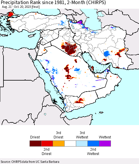 Middle East and Turkey Precipitation Rank since 1981, 2-Month (CHIRPS) Thematic Map For 8/21/2023 - 10/20/2023