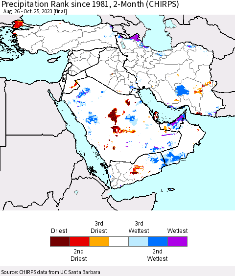 Middle East and Turkey Precipitation Rank since 1981, 2-Month (CHIRPS) Thematic Map For 8/26/2023 - 10/25/2023