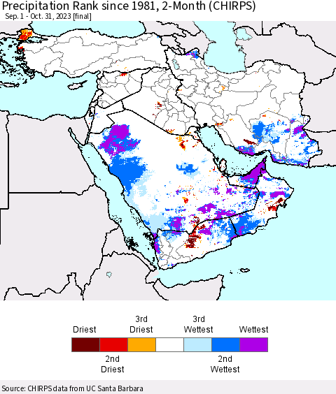 Middle East and Turkey Precipitation Rank since 1981, 2-Month (CHIRPS) Thematic Map For 9/1/2023 - 10/31/2023