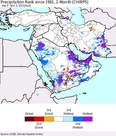 Middle East and Turkey Precipitation Rank since 1981, 2-Month (CHIRPS) Thematic Map For 9/6/2023 - 11/5/2023