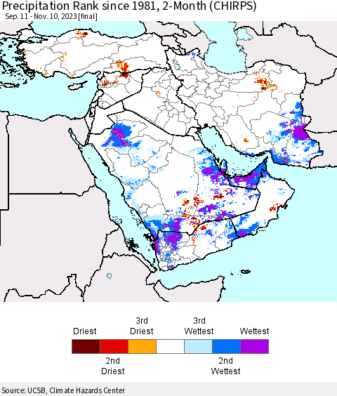 Middle East and Turkey Precipitation Rank since 1981, 2-Month (CHIRPS) Thematic Map For 9/11/2023 - 11/10/2023