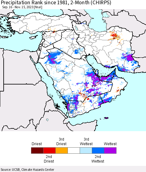 Middle East and Turkey Precipitation Rank since 1981, 2-Month (CHIRPS) Thematic Map For 9/16/2023 - 11/15/2023