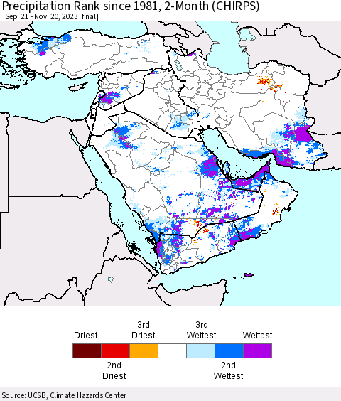 Middle East and Turkey Precipitation Rank since 1981, 2-Month (CHIRPS) Thematic Map For 9/21/2023 - 11/20/2023
