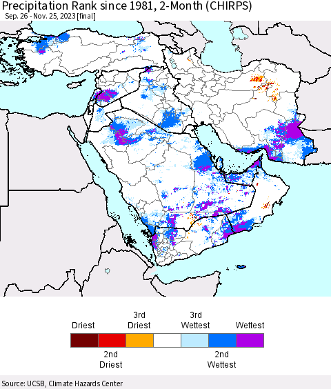 Middle East and Turkey Precipitation Rank since 1981, 2-Month (CHIRPS) Thematic Map For 9/26/2023 - 11/25/2023