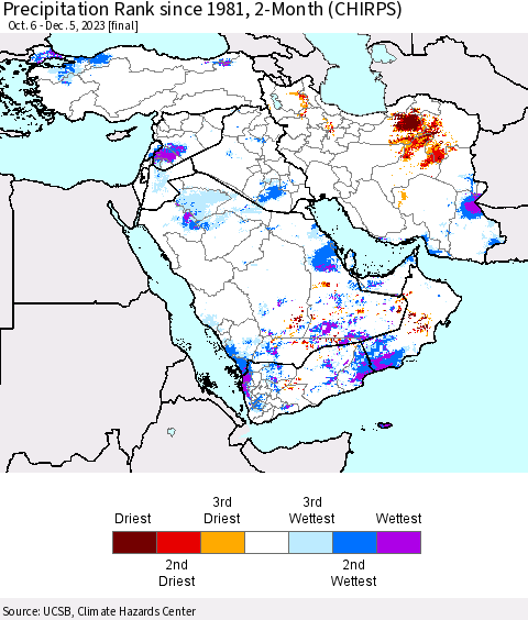 Middle East and Turkey Precipitation Rank since 1981, 2-Month (CHIRPS) Thematic Map For 10/6/2023 - 12/5/2023