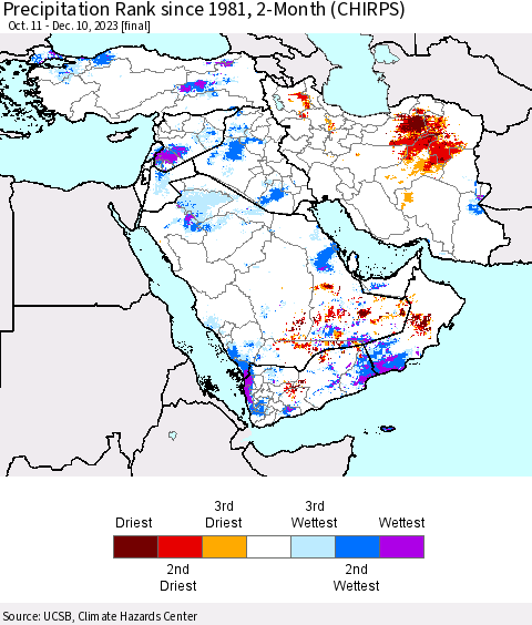 Middle East and Turkey Precipitation Rank since 1981, 2-Month (CHIRPS) Thematic Map For 10/11/2023 - 12/10/2023
