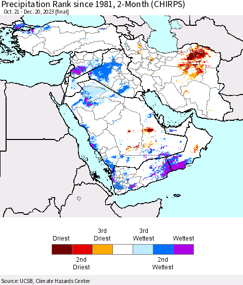 Middle East and Turkey Precipitation Rank since 1981, 2-Month (CHIRPS) Thematic Map For 10/21/2023 - 12/20/2023