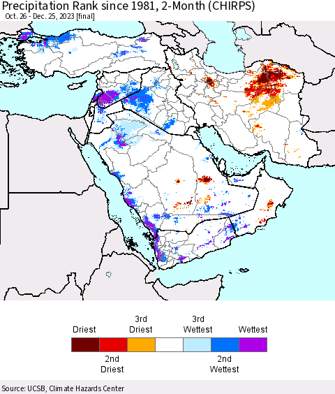 Middle East and Turkey Precipitation Rank since 1981, 2-Month (CHIRPS) Thematic Map For 10/26/2023 - 12/25/2023