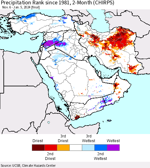 Middle East and Turkey Precipitation Rank since 1981, 2-Month (CHIRPS) Thematic Map For 11/6/2023 - 1/5/2024