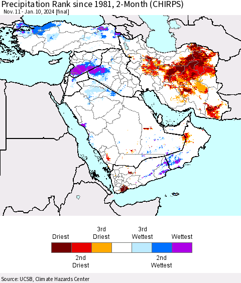 Middle East and Turkey Precipitation Rank since 1981, 2-Month (CHIRPS) Thematic Map For 11/11/2023 - 1/10/2024