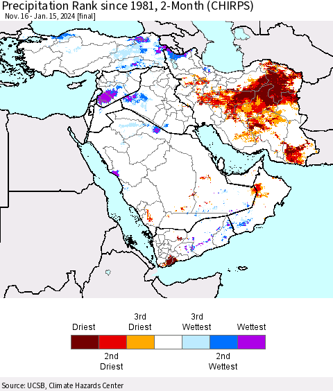 Middle East and Turkey Precipitation Rank since 1981, 2-Month (CHIRPS) Thematic Map For 11/16/2023 - 1/15/2024
