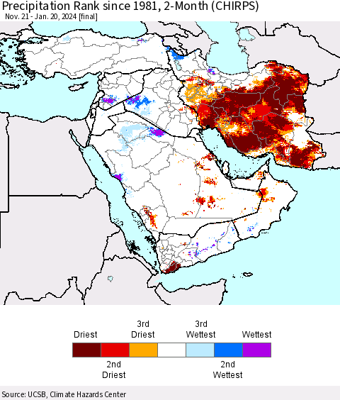 Middle East and Turkey Precipitation Rank since 1981, 2-Month (CHIRPS) Thematic Map For 11/21/2023 - 1/20/2024