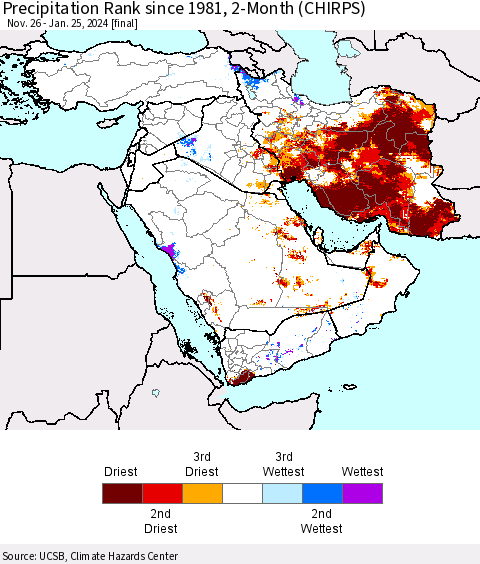 Middle East and Turkey Precipitation Rank since 1981, 2-Month (CHIRPS) Thematic Map For 11/26/2023 - 1/25/2024