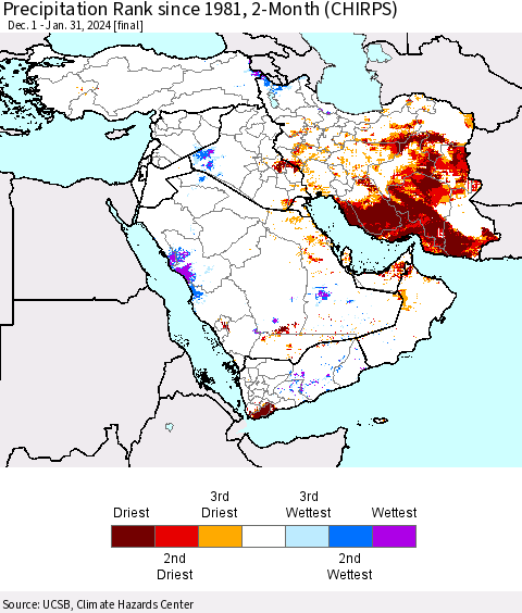 Middle East and Turkey Precipitation Rank since 1981, 2-Month (CHIRPS) Thematic Map For 12/1/2023 - 1/31/2024