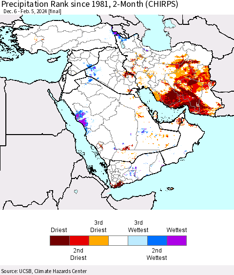 Middle East and Turkey Precipitation Rank since 1981, 2-Month (CHIRPS) Thematic Map For 12/6/2023 - 2/5/2024