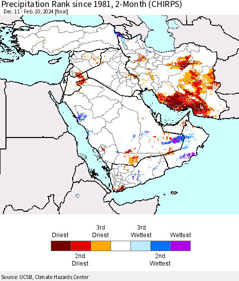 Middle East and Turkey Precipitation Rank since 1981, 2-Month (CHIRPS) Thematic Map For 12/11/2023 - 2/10/2024