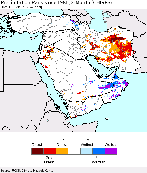 Middle East and Turkey Precipitation Rank since 1981, 2-Month (CHIRPS) Thematic Map For 12/16/2023 - 2/15/2024