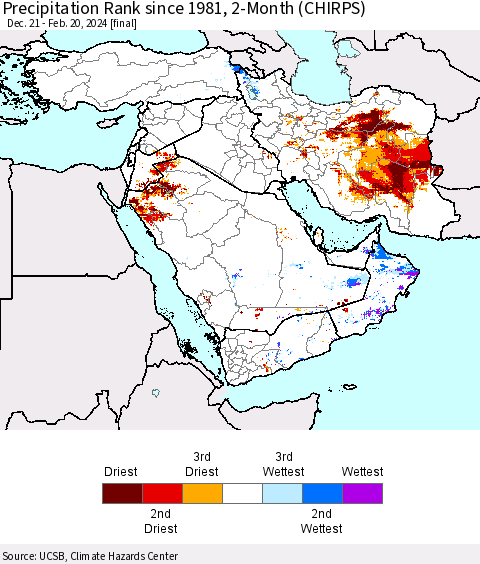 Middle East and Turkey Precipitation Rank since 1981, 2-Month (CHIRPS) Thematic Map For 12/21/2023 - 2/20/2024