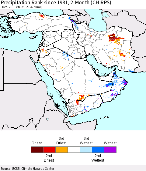 Middle East and Turkey Precipitation Rank since 1981, 2-Month (CHIRPS) Thematic Map For 12/26/2023 - 2/25/2024