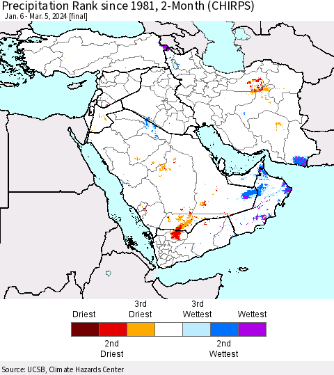 Middle East and Turkey Precipitation Rank since 1981, 2-Month (CHIRPS) Thematic Map For 1/6/2024 - 3/5/2024