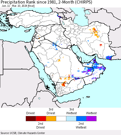 Middle East and Turkey Precipitation Rank since 1981, 2-Month (CHIRPS) Thematic Map For 1/11/2024 - 3/10/2024