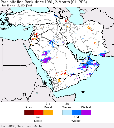 Middle East and Turkey Precipitation Rank since 1981, 2-Month (CHIRPS) Thematic Map For 1/16/2024 - 3/15/2024