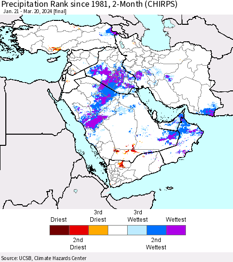 Middle East and Turkey Precipitation Rank since 1981, 2-Month (CHIRPS) Thematic Map For 1/21/2024 - 3/20/2024