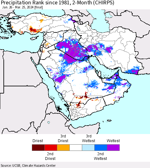 Middle East and Turkey Precipitation Rank since 1981, 2-Month (CHIRPS) Thematic Map For 1/26/2024 - 3/25/2024