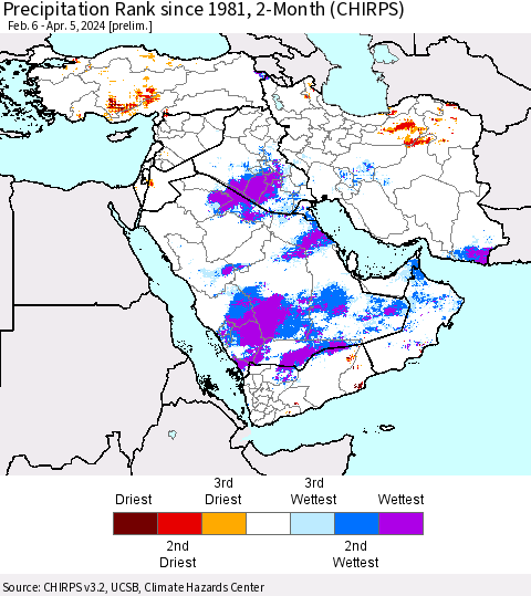Middle East and Turkey Precipitation Rank since 1981, 2-Month (CHIRPS) Thematic Map For 2/6/2024 - 4/5/2024