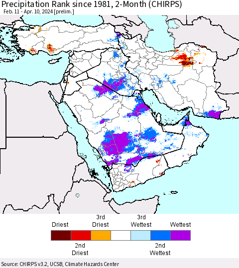Middle East and Turkey Precipitation Rank since 1981, 2-Month (CHIRPS) Thematic Map For 2/11/2024 - 4/10/2024