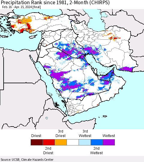 Middle East and Turkey Precipitation Rank since 1981, 2-Month (CHIRPS) Thematic Map For 2/16/2024 - 4/15/2024