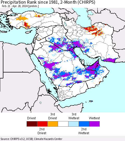 Middle East and Turkey Precipitation Rank since 1981, 2-Month (CHIRPS) Thematic Map For 2/21/2024 - 4/20/2024
