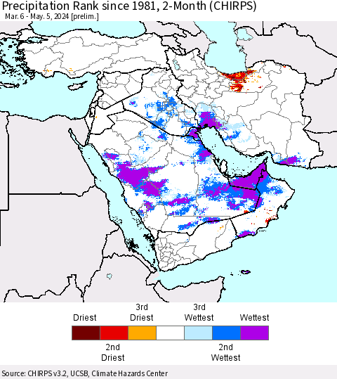 Middle East and Turkey Precipitation Rank since 1981, 2-Month (CHIRPS) Thematic Map For 3/6/2024 - 5/5/2024