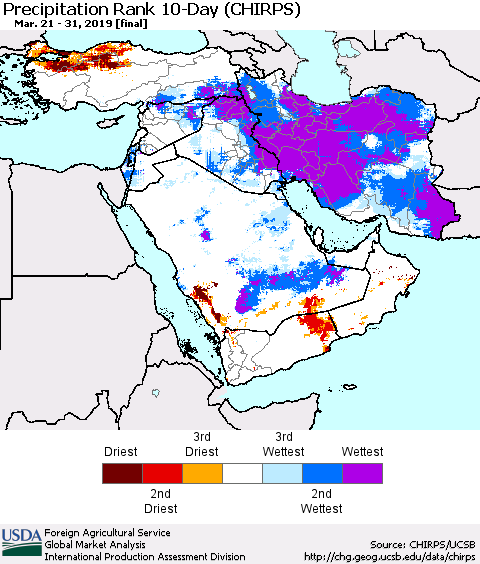 Middle East and Turkey Precipitation Rank since 1981, 10-Day (CHIRPS) Thematic Map For 3/21/2019 - 3/31/2019