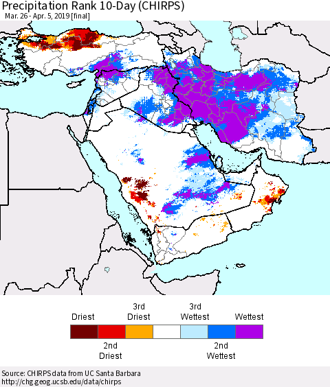 Middle East and Turkey Precipitation Rank since 1981, 10-Day (CHIRPS) Thematic Map For 3/26/2019 - 4/5/2019
