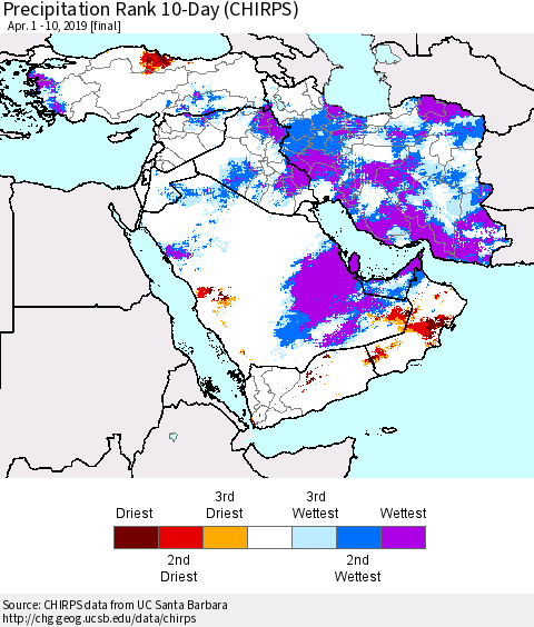 Middle East and Turkey Precipitation Rank since 1981, 10-Day (CHIRPS) Thematic Map For 4/1/2019 - 4/10/2019