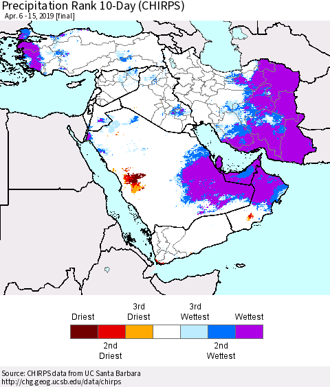 Middle East and Turkey Precipitation Rank since 1981, 10-Day (CHIRPS) Thematic Map For 4/6/2019 - 4/15/2019