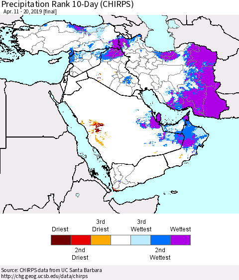Middle East and Turkey Precipitation Rank since 1981, 10-Day (CHIRPS) Thematic Map For 4/11/2019 - 4/20/2019