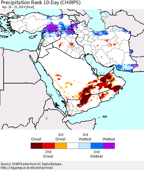Middle East and Turkey Precipitation Rank since 1981, 10-Day (CHIRPS) Thematic Map For 4/16/2019 - 4/25/2019