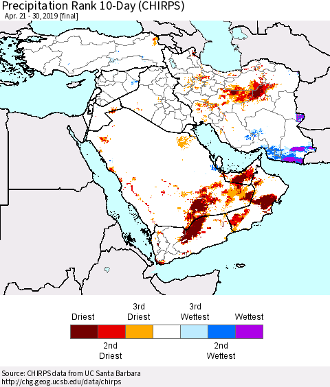 Middle East and Turkey Precipitation Rank since 1981, 10-Day (CHIRPS) Thematic Map For 4/21/2019 - 4/30/2019