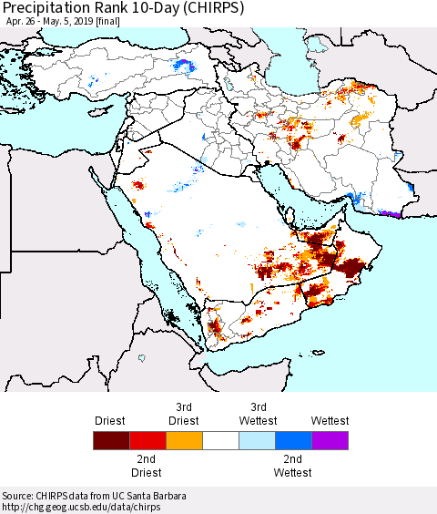 Middle East and Turkey Precipitation Rank since 1981, 10-Day (CHIRPS) Thematic Map For 4/26/2019 - 5/5/2019