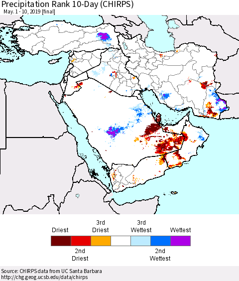 Middle East and Turkey Precipitation Rank since 1981, 10-Day (CHIRPS) Thematic Map For 5/1/2019 - 5/10/2019