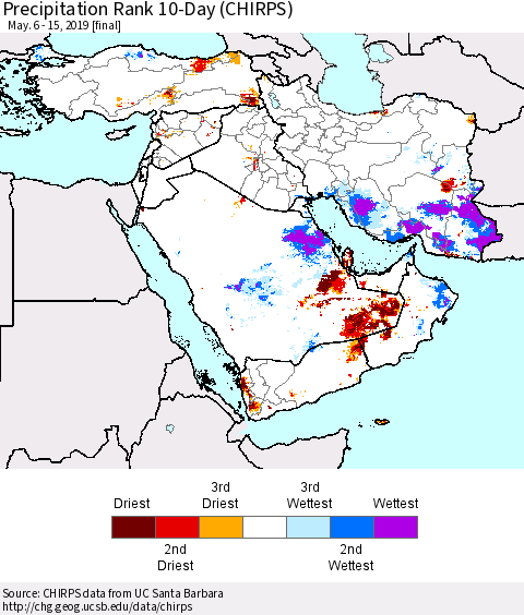Middle East and Turkey Precipitation Rank since 1981, 10-Day (CHIRPS) Thematic Map For 5/6/2019 - 5/15/2019