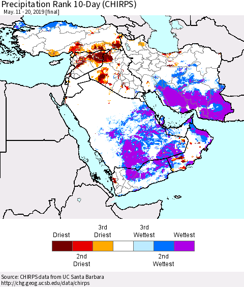 Middle East and Turkey Precipitation Rank since 1981, 10-Day (CHIRPS) Thematic Map For 5/11/2019 - 5/20/2019