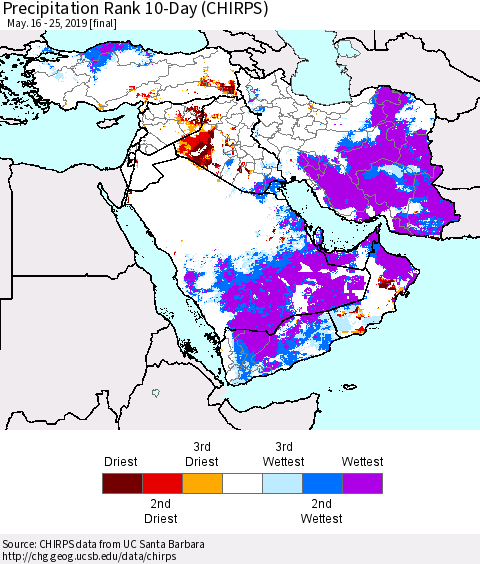 Middle East and Turkey Precipitation Rank since 1981, 10-Day (CHIRPS) Thematic Map For 5/16/2019 - 5/25/2019