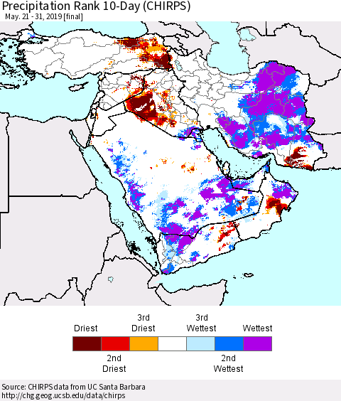 Middle East and Turkey Precipitation Rank since 1981, 10-Day (CHIRPS) Thematic Map For 5/21/2019 - 5/31/2019